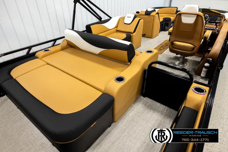Slide: The Image of Luxurious interior of 2026 Avalon LSZ VRB pontoon boat with plush seating and modern design. - 12