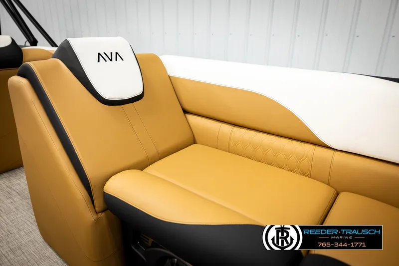 Slide: The Image of Luxurious tan and white seating in 2026 Avalon LSZ VRB boat by Reeder-Trausch Marine. - 44