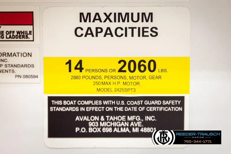 Slide: The Image of 2026 Avalon LSZ VRB boat capacity label: 14 persons or 2060 lbs, 250 HP motor. - 63