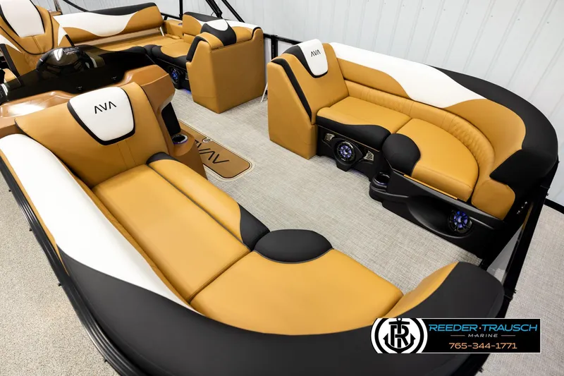 Slide: The Image of Luxurious interior of 2026 Avalon LSZ VRB boat with tan and black seating. - 9