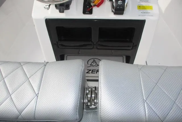 Slide: The Image of 2026 Blazer Bay MAKARIA 2600 boat seat with gray cushioned upholstery and steering wheel. - 14