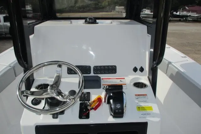 Slide: The Image of 2026 Blazer Bay MAKARIA 2600 boat interior with overhead storage and lighting. - 16