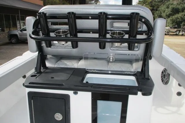 Slide: The Image of 2026 Blazer Bay MAKARIA 2600 boat console with steering wheel and controls. - 17