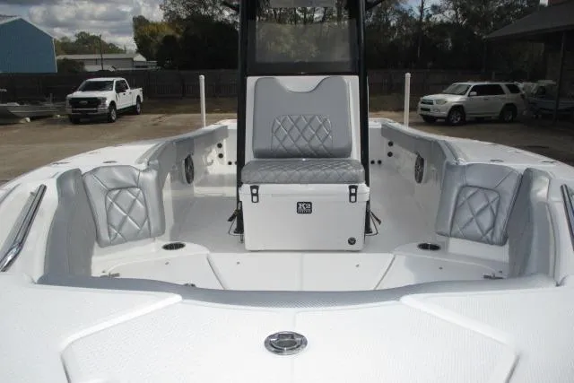 Slide: The Image of 2026 Blazer Bay MAKARIA 2600 boat with powerful 350 engine, parked outdoors. - 35