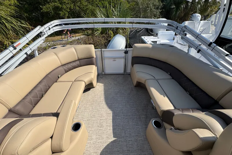 Slide: The Image of 2022 Blue Wave Pontoon boat with spacious seating and modern design. - 4