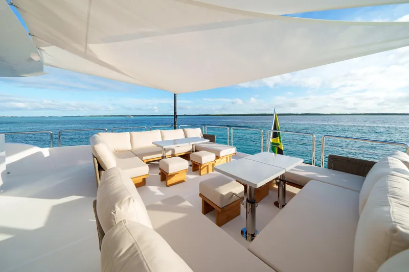 Slide: The Image of Luxurious 2023 Horizon FD90 yacht deck with elegant seating and ocean view. - 33