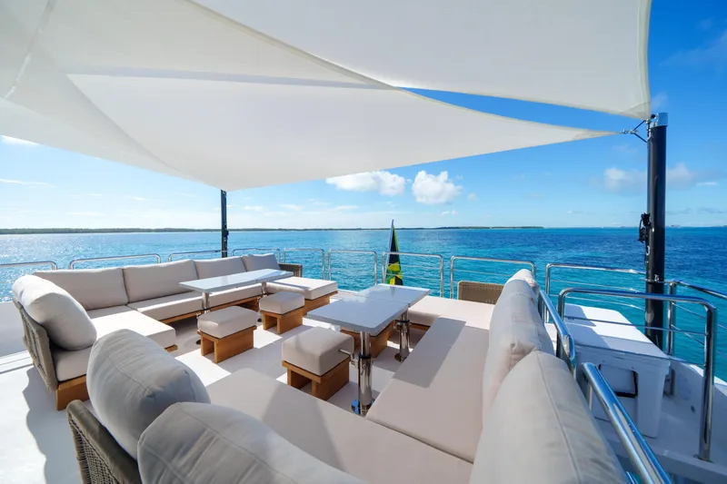 Slide: The Image of Luxurious Horizon FD90 yacht deck with comfortable seating, ocean view, and sunshade, 2023 model. - 28