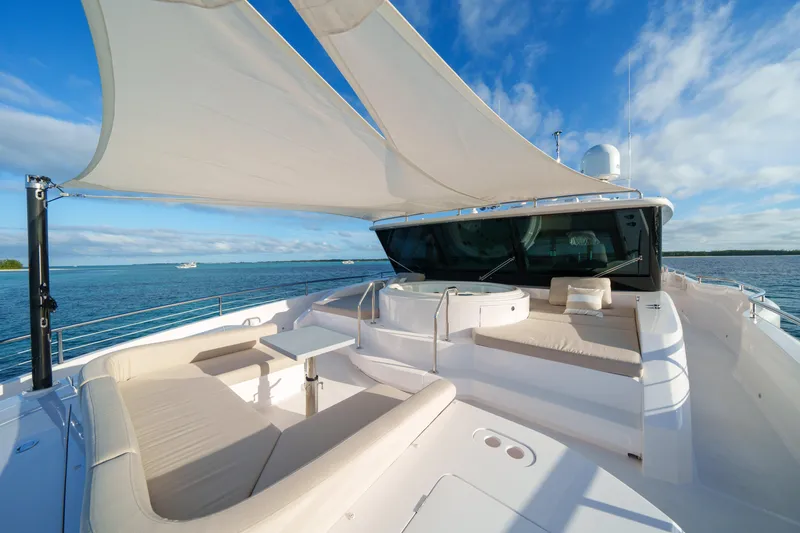 Slide: The Image of Luxurious 2023 Horizon FD90 yacht deck with seating and ocean view. - 32