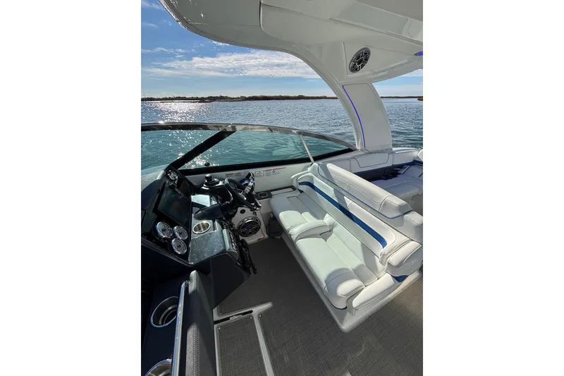Slide: The Image of 2019 Formula 350 Crossover Bowrider OB interior with luxurious seating and modern dashboard. - 45