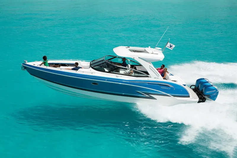 Slide: The Image of Manufacturer Provided Image: 2019 Formula 350 Crossover Bowrider OB speeding on turquoise water. - 86