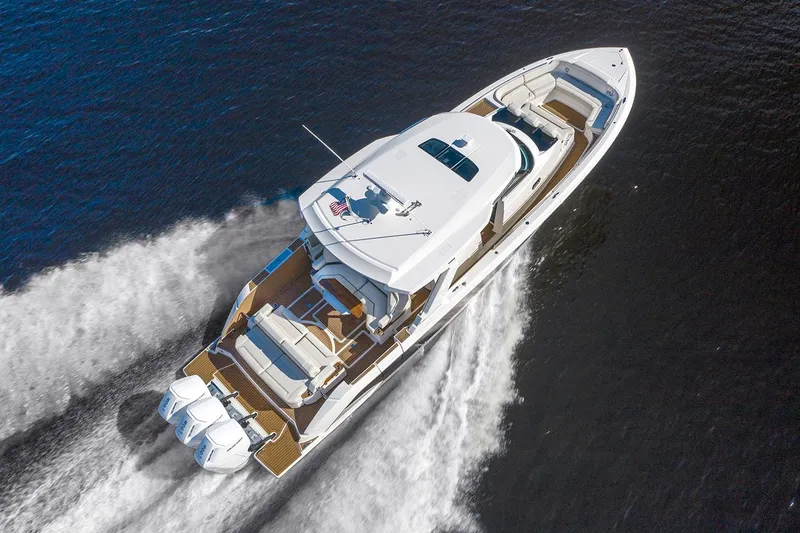 The Image of Manufacturer Provided Image: 2024 Tiara Yachts 48 LS cruising on open water, aerial view. - 1