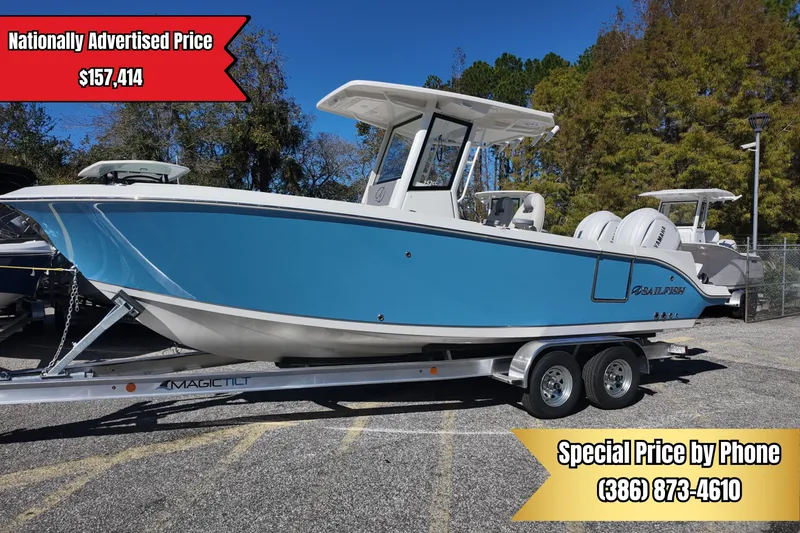 The Image of 2026 Sailfish 252 CC boat on trailer, blue hull, special phone price available. - 0