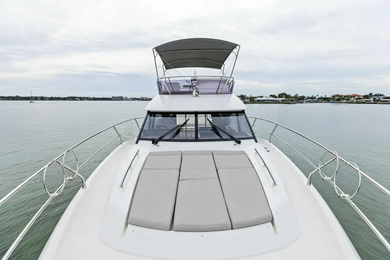 Slide: The Image of 2022 Prestige 420 yacht on calm water, featuring spacious deck and sleek design. - 28