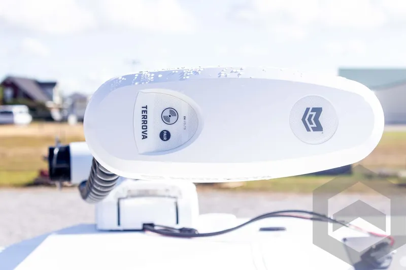 Slide: The Image of 2026 G3 Bay 20 boat with Terrova trolling motor, close-up view. - 18