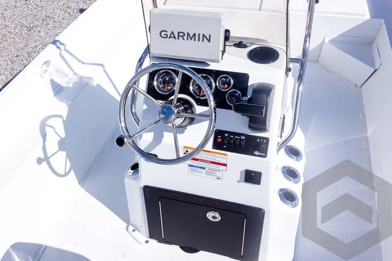 Slide: The Image of 2026 G3 Bay 20 boat console with Garmin navigation and steering wheel. - 30