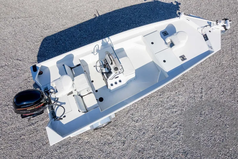 Slide: The Image of 2026 G3 Bay 20 boat, aerial view, white deck, Yamaha outboard motor. - 48