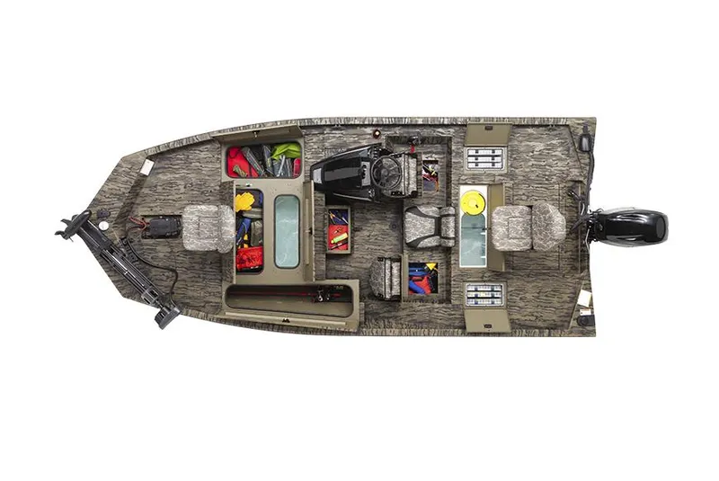 Slide: The Image of Manufacturer Provided Image: 2025 Lowe Stinger 175C fishing boat, top view, showcasing seating and storage compartments. - 8