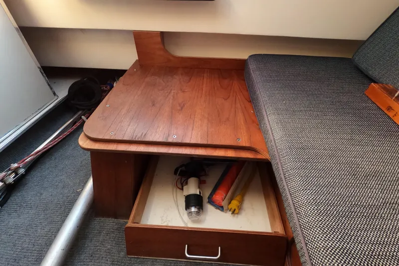 Slide: The Image of Wooden boat interior with storage drawer, Rhodes 22 model, 1996. - 17