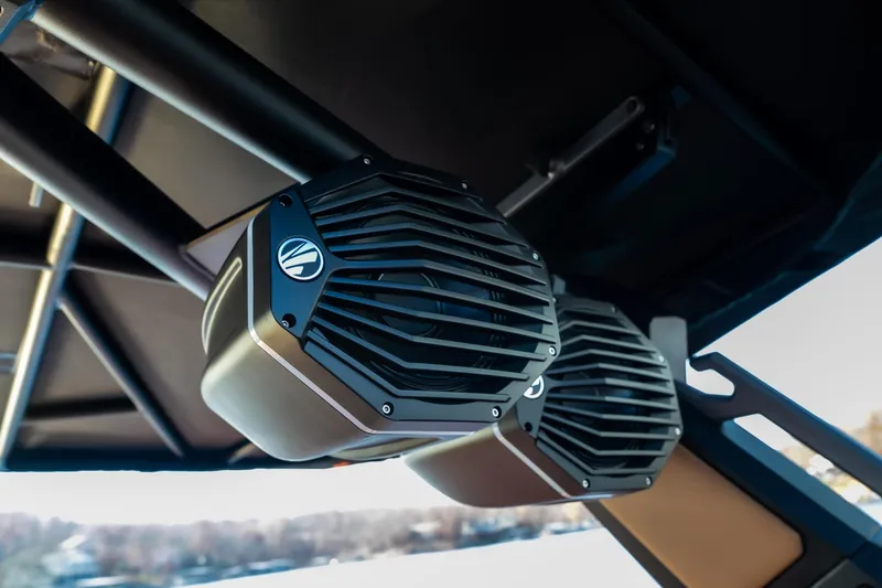 Slide: The Image of 2026 Tigé Z3 boat speakers mounted on a sleek black frame. - 10