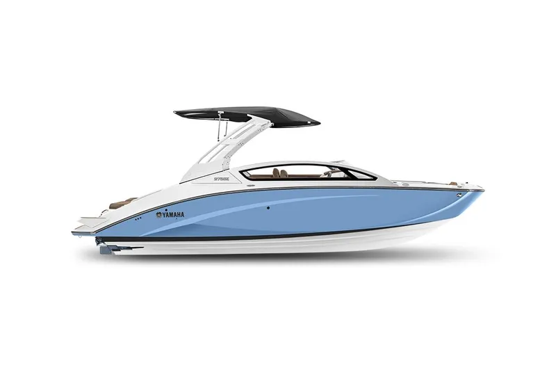 Slide: The Image of Manufacturer Provided Image: 2025 Yamaha Boats 275SE, sleek blue and white design, side view. - 10