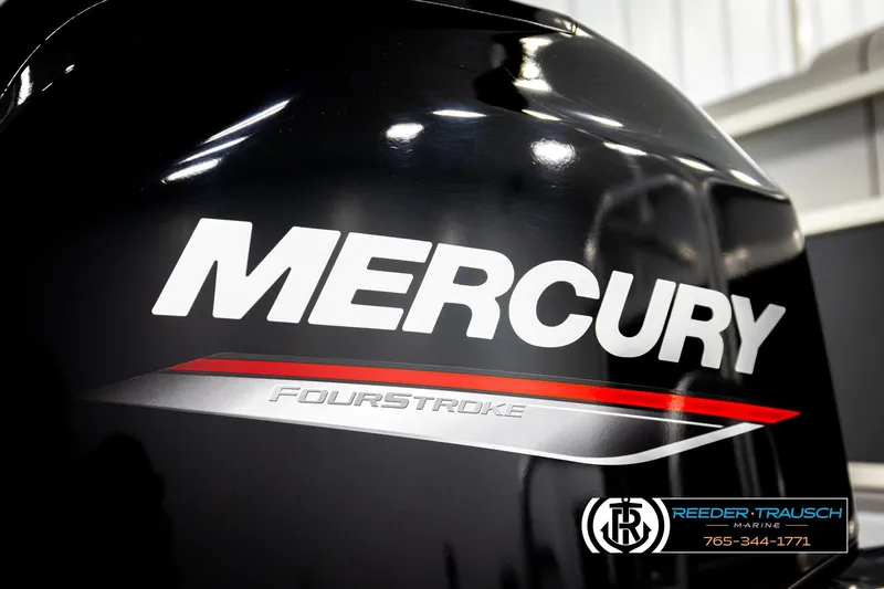 Slide: The Image of Mercury FourStroke engine on 2024 Lowe Ultra 162 Fish & Cruise boat, Reeder-Trausch Marine logo. - 46