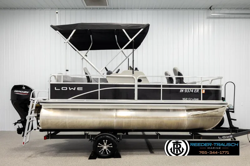 Slide: The Image of 2024 Lowe Ultra 162 Fish & Cruise pontoon boat with Mercury engine and canopy. - 5