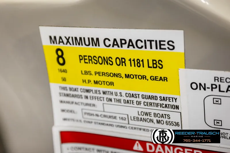 Slide: The Image of 2024 Lowe Ultra 162 Fish & Cruise capacity label, 8 persons or 1181 lbs. - 56