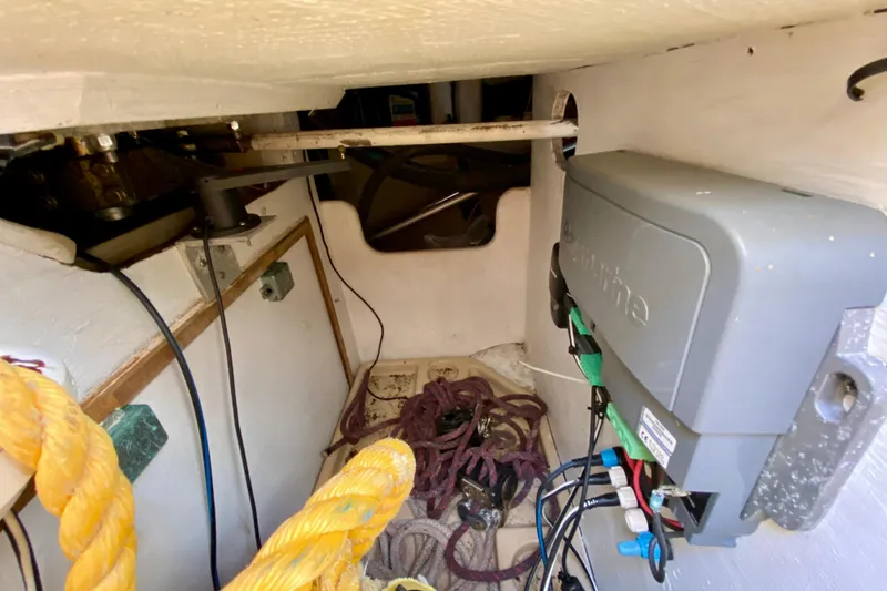 Slide: The Image of Interior view of 1994 Island Packet 44 sailboat showing ropes and equipment. - 51