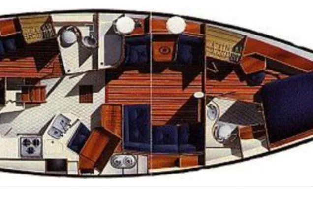 Slide: The Image of 1994 Island Packet 44 yacht interior layout with cabins, kitchen, and seating areas. - 80