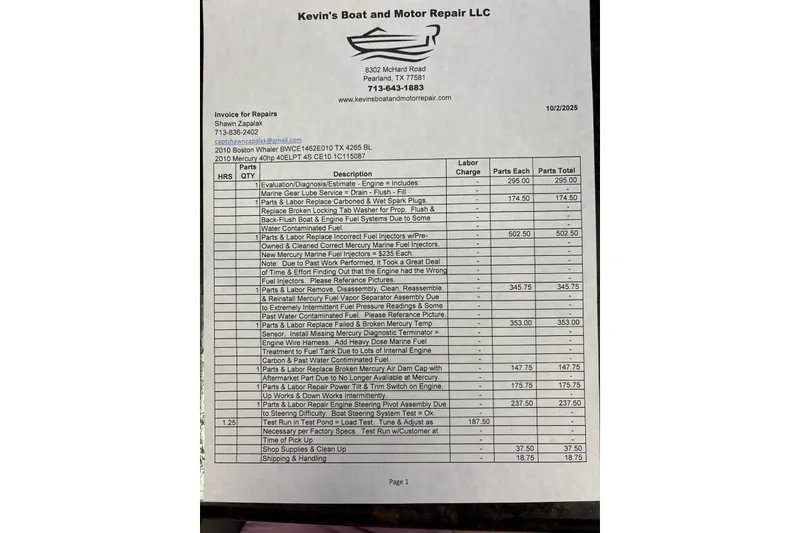 Slide: The Image of Invoice for 2010 Boston Whaler 13 Dauntless repairs, detailing labor and parts costs. - 8