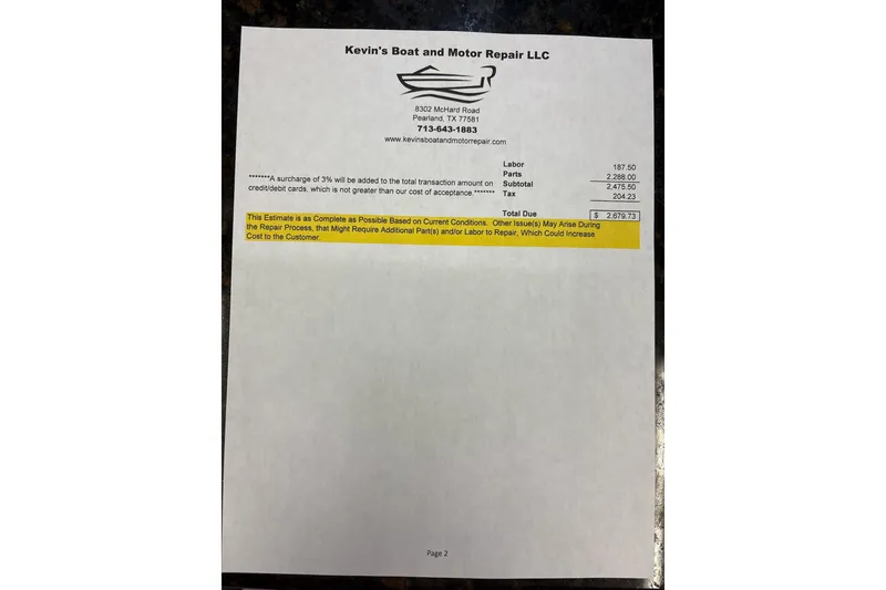 Slide: The Image of Repair estimate document from Kevin's Boat and Motor Repair for a 2010 Boston Whaler 13 Dauntless. - 9