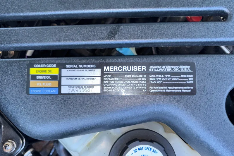 Slide: The Image of Engine label of a 2008 Baja 277 Islander with Mercruiser specifications and serial numbers. - 45