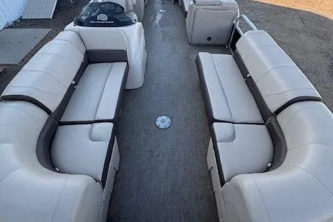 Slide: The Image of 2018 Sun Tracker Party Barge 22 XP3 interior with spacious seating and modern design. - 5