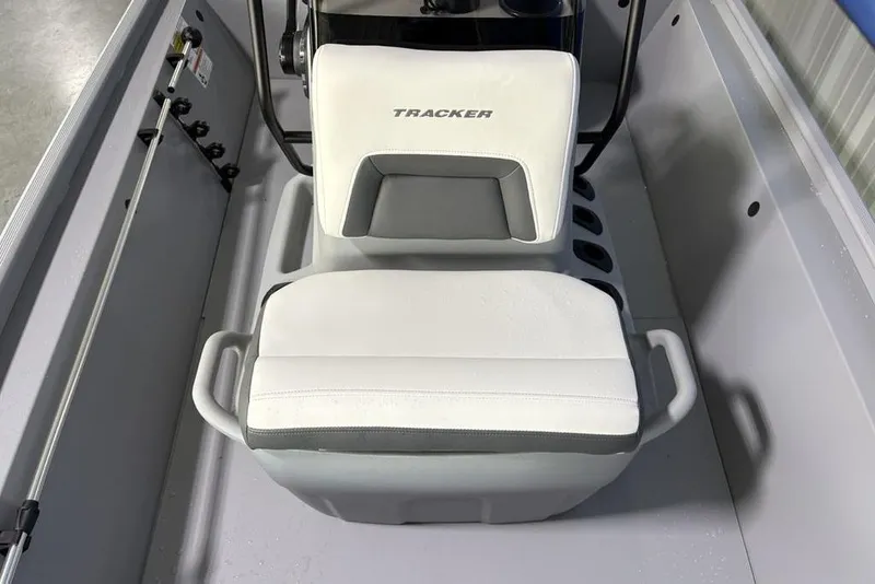 Slide: The Image of 2026 Tracker Bass Tracker Classic CC boat seat with white and gray upholstery. - 10