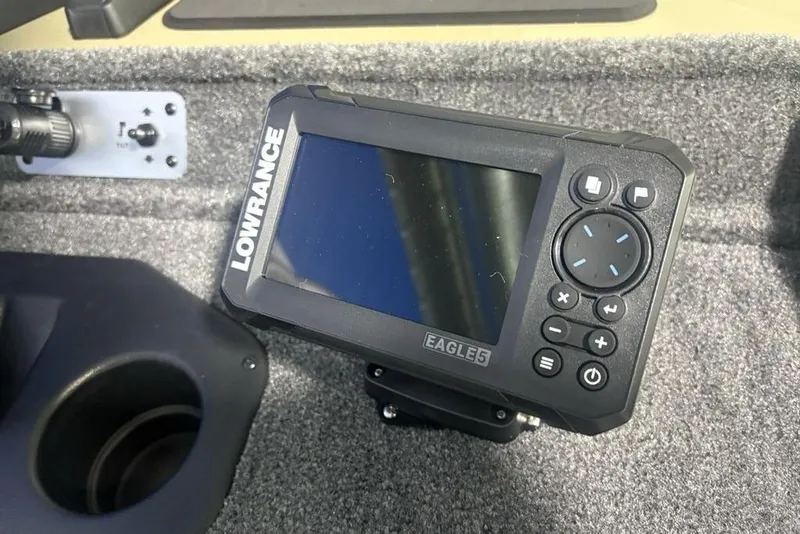 Slide: The Image of 2026 Tracker Pro Team 175 boat deck with trolling motor and fish finder. - 6