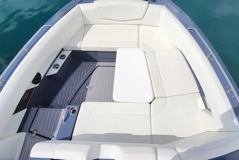 Slide: The Image of 2022 Cruisers Yachts 338 South Beach Edition Bow Rider with spacious seating and sleek design. - 25