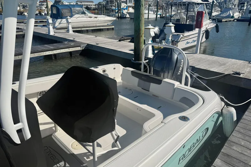 Slide: The Image of 2022 Robalo R242 Explorer boat docked at marina with Yamaha engine. - 12