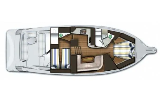 Slide: The Image of 2008 Tiara Yachts 4300 Sovran cruising on open blue water, city skyline in background. - 7