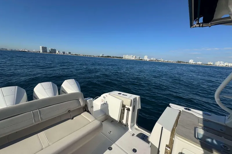 Slide: The Image of Boston Whaler 380 Realm 2022 on open water with city skyline in background. - 16