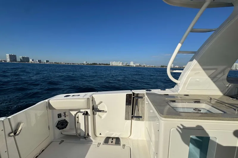 Slide: The Image of Boston Whaler 380 Realm 2022 on open water with city skyline in background. - 17
