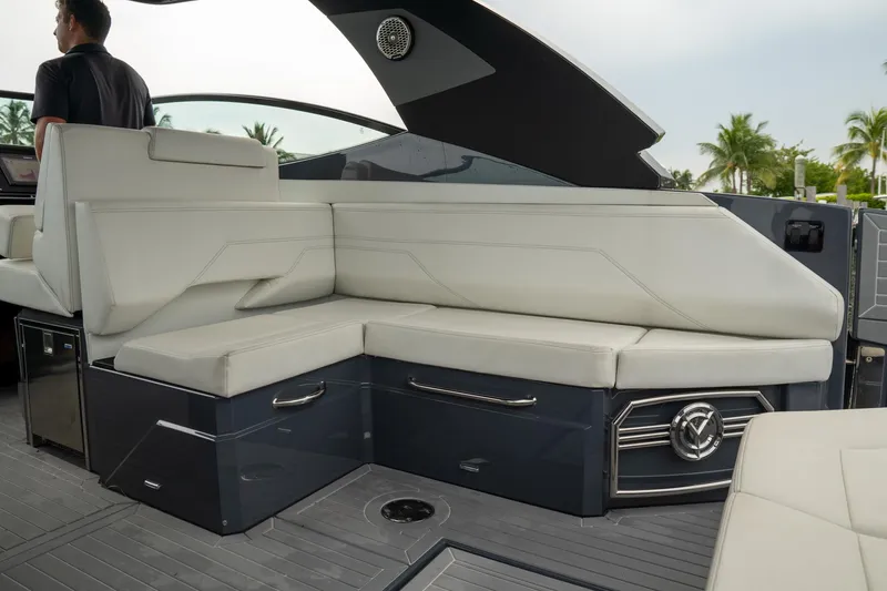 Slide: The Image of 2022 Cruisers Yachts 38 GLS interior with sleek seating and modern design. - 27