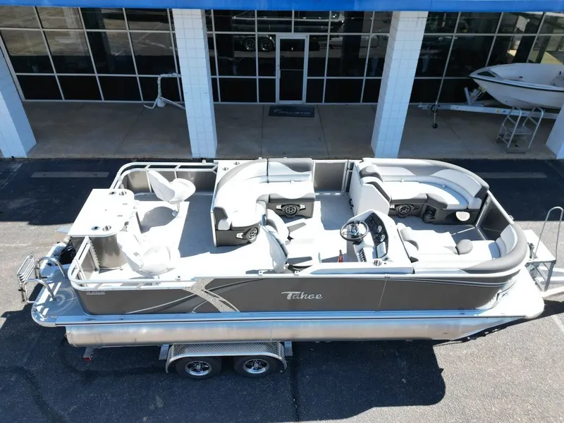 Slide: The Image of Interior of 2024 Tahoe 21LTZ RF pontoon boat with gray seating. - 12