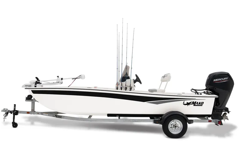 Slide: The Image of 2026 Mako Pro Skiff 17 CC boat with trolling motor on gravel surface. - 3