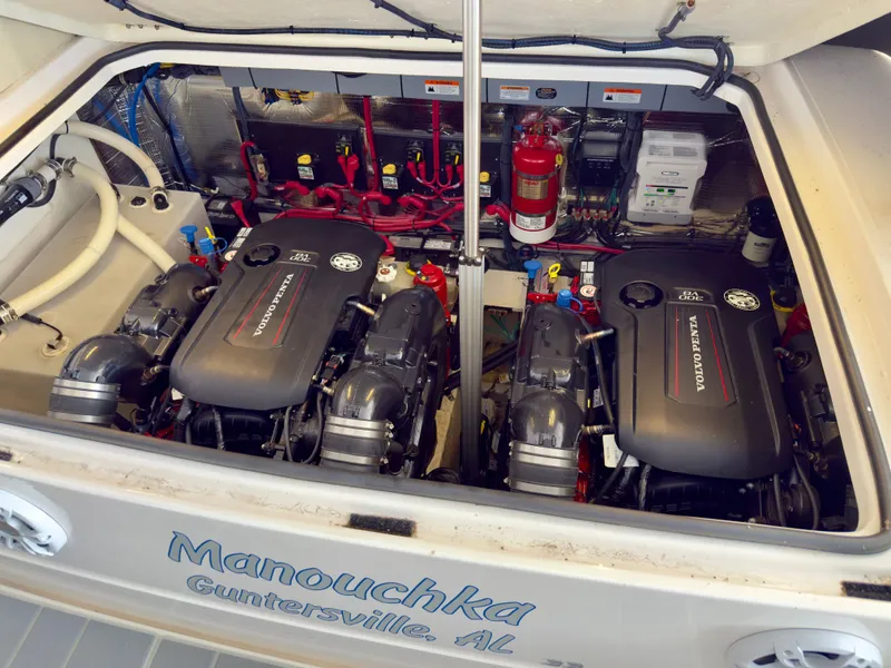 Slide: The Image of Engine compartment of a 2020 Regal 33 Express boat with Volvo Penta engines. - 17