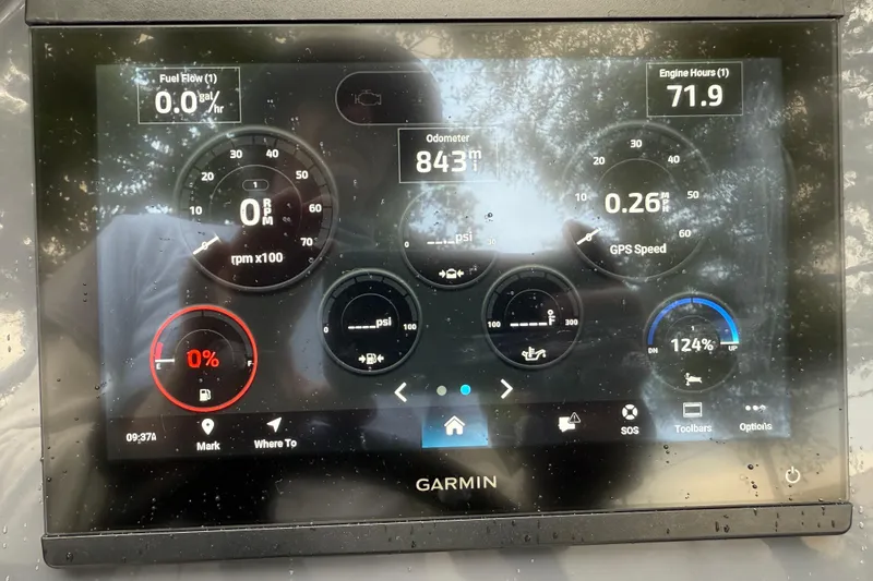 Slide: The Image of Garmin display on Zodiac Open 5.5, 2025 model, showing fuel, RPM, and GPS speed. - 2