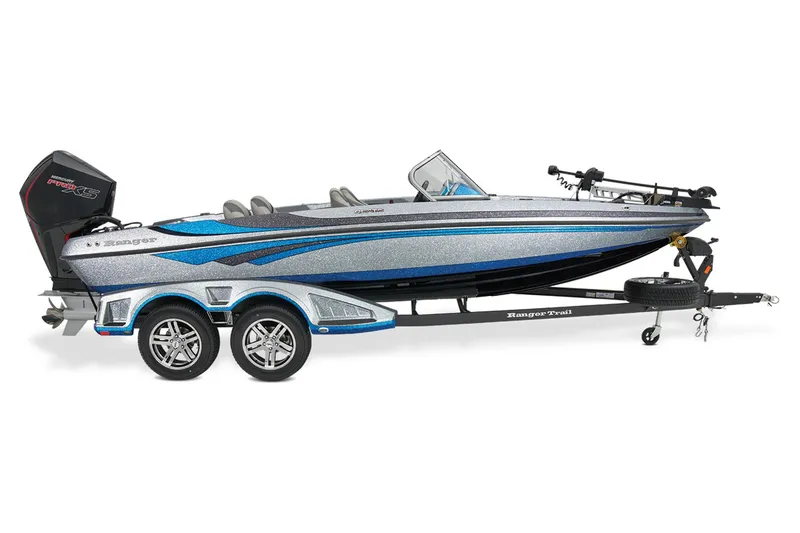 Slide: The Image of Manufacturer Provided Image: 2026 Ranger 212LS boat on trailer, sleek design, blue and silver accents, dual-axle trailer. - 18