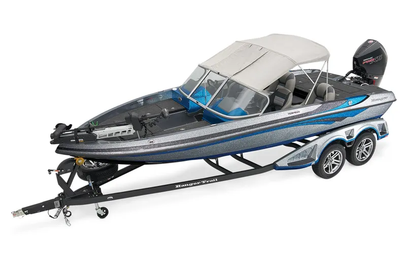 Slide: The Image of Manufacturer Provided Image: 2026 Ranger 212LS boat with canopy on trailer, sleek design, dual-axle wheels. - 5