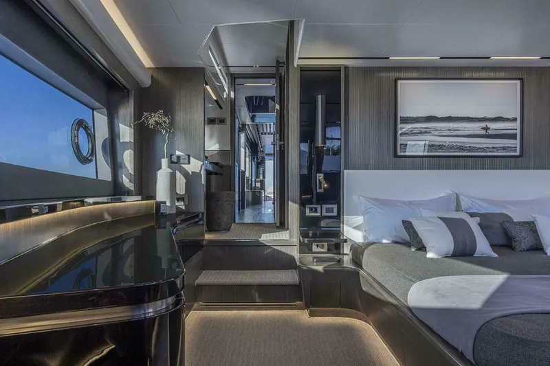 Slide: The Image of Luxurious interior of 2026 Pearl 82 yacht with modern decor and elegant furnishings. - 21