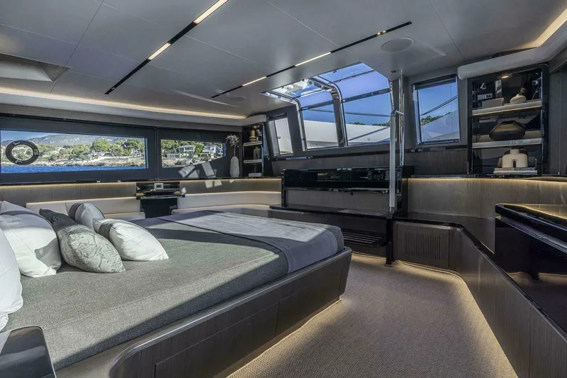 Slide: The Image of Luxurious interior of 2026 Pearl 82 yacht with modern design and panoramic windows. - 22