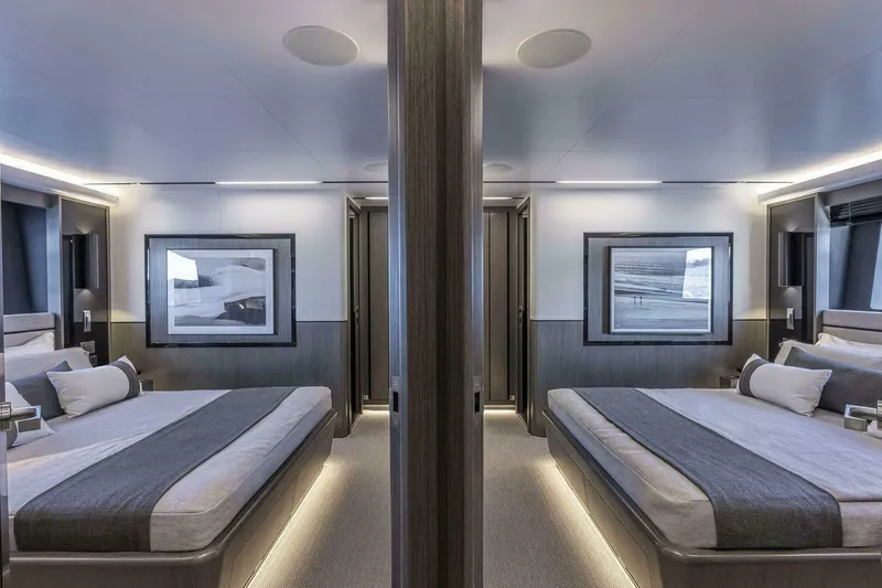 Slide: The Image of Luxurious modern bedroom interior on Pearl 82 yacht, 2026 model, featuring elegant design and ambient lighting. - 28